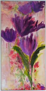 Load image into Gallery viewer, This lively piece exudes a joie de vivre with its bold colours and expressive marks. The strength of the muted purple and bright pink against a soft yellow and white background is sure to bring joy to any space! Satin finish.
