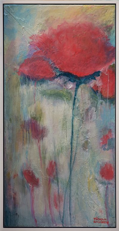 Quiet and tonal, this soft focus original painting speaks of serenity with its muted red and soft blue greens. Lovely in a hallway or study. Satin finish. Includes Custom White Floating Frame, bumper pads, and premounted wires. Free shipping in N.A. No tax!