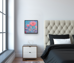 Original painting shown in a bedroom on a dove grey wall