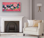 Load image into Gallery viewer, Vibrant corals and pinks contemporary hydrangea above a white fireplace.
