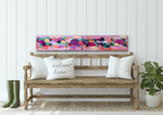 Load image into Gallery viewer, Two paintings (shown as a Diptych) shown above a wooden bench with 3 pillows - 1 says Welcome Home
