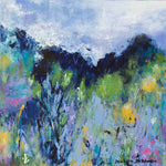 Load image into Gallery viewer, Inspired by a summer trip to the Canadian Rocky Mountains! Abstractly rendered meadow flowers of yellows and pinks and trees in greens draw the viewer&#39;s eye to the sky. New Vistas Await beckons us to absorb all the natural beauty around us and be inspired to try something new.
