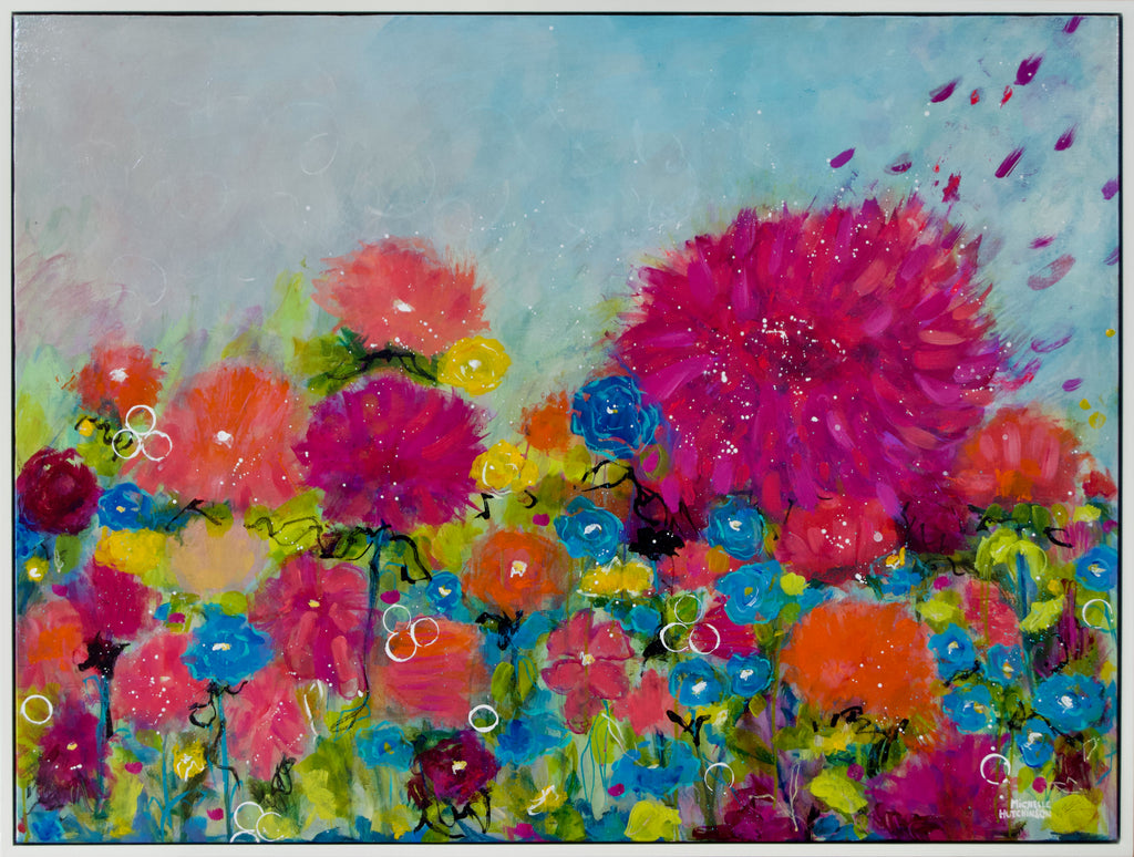 The artwork is a vivacious and colorful floral composition, bursting with energy and vibrant hues. The flowers, painted in an array of bright pinks, blues, oranges, and yellows, dominate the canvas, creating an explosion of color against a subdued, pastel sky. 