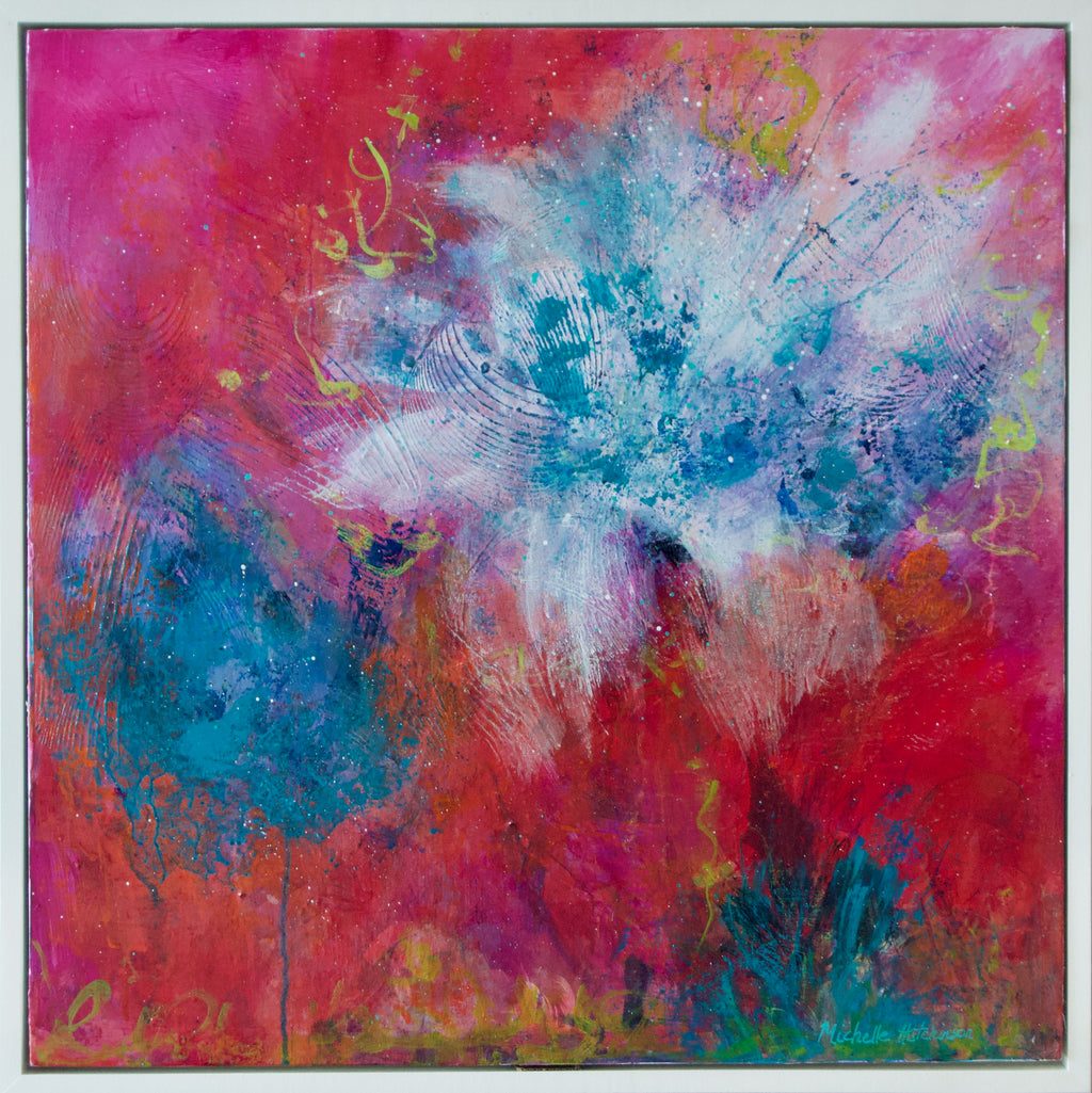 This abstract painting is characterized by vibrant and dynamic colors, predominantly using shades of magenta, blue, and white. The central part of the painting features a burst of white and blue tones that resemble an energetic explosion or a blooming flower.