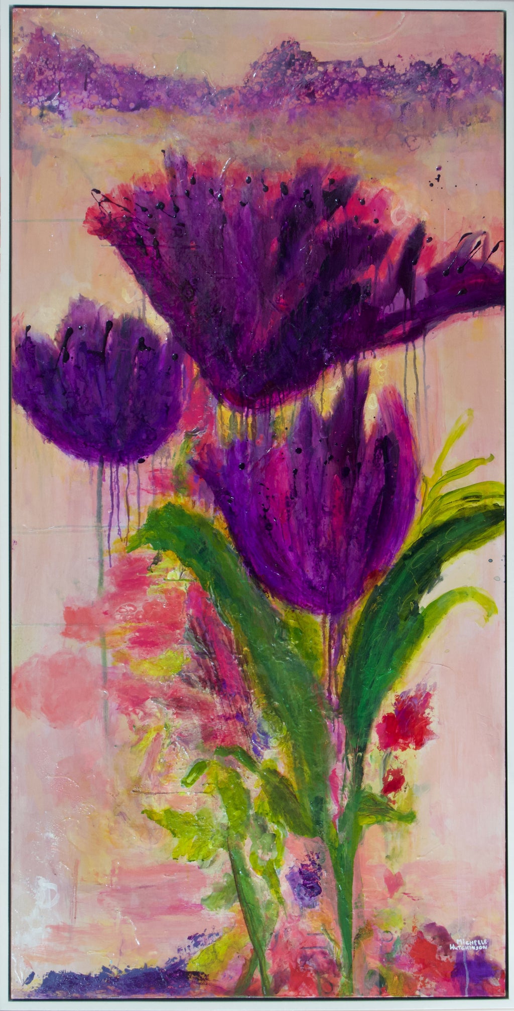 This lively piece exudes a joie de vivre with its bold colours and expressive marks. The strength of the muted purple and bright pink against a soft yellow and white background is sure to bring joy to any space! 