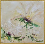 Load image into Gallery viewer, This quietly reflective abstract floral artwork invites contemplation through its carefully considered palette of sage greens, deep violet, soft yellow, accented with metallic gold and white elements set against a warm taupe background. The composition's deliberate simplicity presents a meditative quality that calms the mind and encourages deeper quietude.
