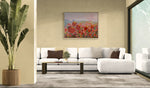 Load image into Gallery viewer, Landscape of colourful tulips in  room setting with off white sofa and pale gold walls
