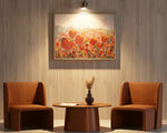 Load image into Gallery viewer, Two rust coloured chairs and a small round table with a vase in a room with wooden walls and a colorful painting with a spotlight.
