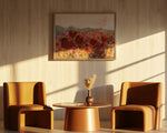 Load image into Gallery viewer, Landscape of colourful tulips in  room setting with two rust chairs and coffee table during the golden hour.
