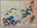 Load image into Gallery viewer, This quiet painting fills a rooms with its gentle hues of muted teal and burgundy on top of pale golds, whites, and taupes with some metallic gold and sage green.

