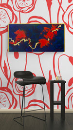 Load image into Gallery viewer, Abstract painting on a wall with red and white patterns, black stool, and small table.

