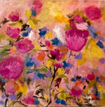 Load image into Gallery viewer, An expressive floral painting featuring large pink blossoms and a soft, multicolored background with yellow, blue, orange, and lavender tones.
