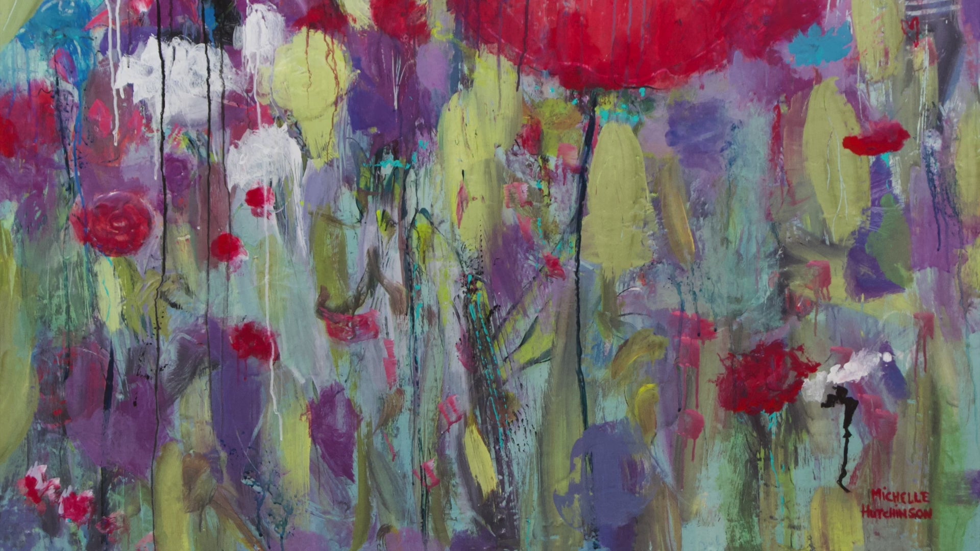 This original painting spotlights a rising red blossom against a garden of teals and purples.