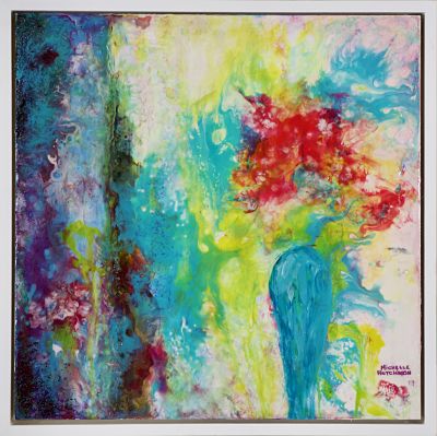 Offbeat and playful, this joyful original painting uses a technique called acrylic pouring. The red flowers sit within a teal vase beside blue drapes, inviting the viewer to gaze into the heart of love. It has a glossy finish.