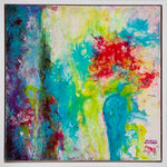 Load image into Gallery viewer, Offbeat and playful, this joyful original painting uses a technique called acrylic pouring. The red flowers sit within a teal vase beside blue drapes, inviting the viewer to gaze into the heart of love. It has a glossy finish.
