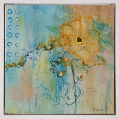 This original abstract flower painting in gold, teal, and green is sweet and simultaneously quirky with a vintage vibe and a feeling of nostalgia. It has a glossy finish.