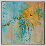 Load image into Gallery viewer, This original abstract flower painting in gold, teal, and green is sweet and simultaneously quirky with a vintage vibe and a feeling of nostalgia. It has a glossy finish.
