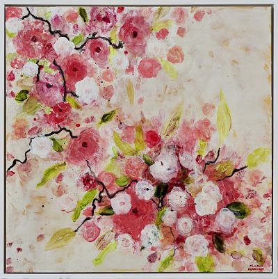 Fresh and joyful, this original painting with its red, coral and bright white abstract flowers against a warm white background would make a lovely addition to any master bedroom, dining room, or hallway. High gloss finish. Frame: Includes Custom White Floating Frame and pre-mounted wires. Free shipping in N.A. No tax! 