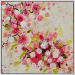 Load image into Gallery viewer, Fresh and joyful, this original painting with its red, coral and bright white abstract flowers against a warm white background would make a lovely addition to any master bedroom, dining room, or hallway. High gloss finish. Frame: Includes Custom White Floating Frame and pre-mounted wires. Free shipping in N.A. No tax! 
