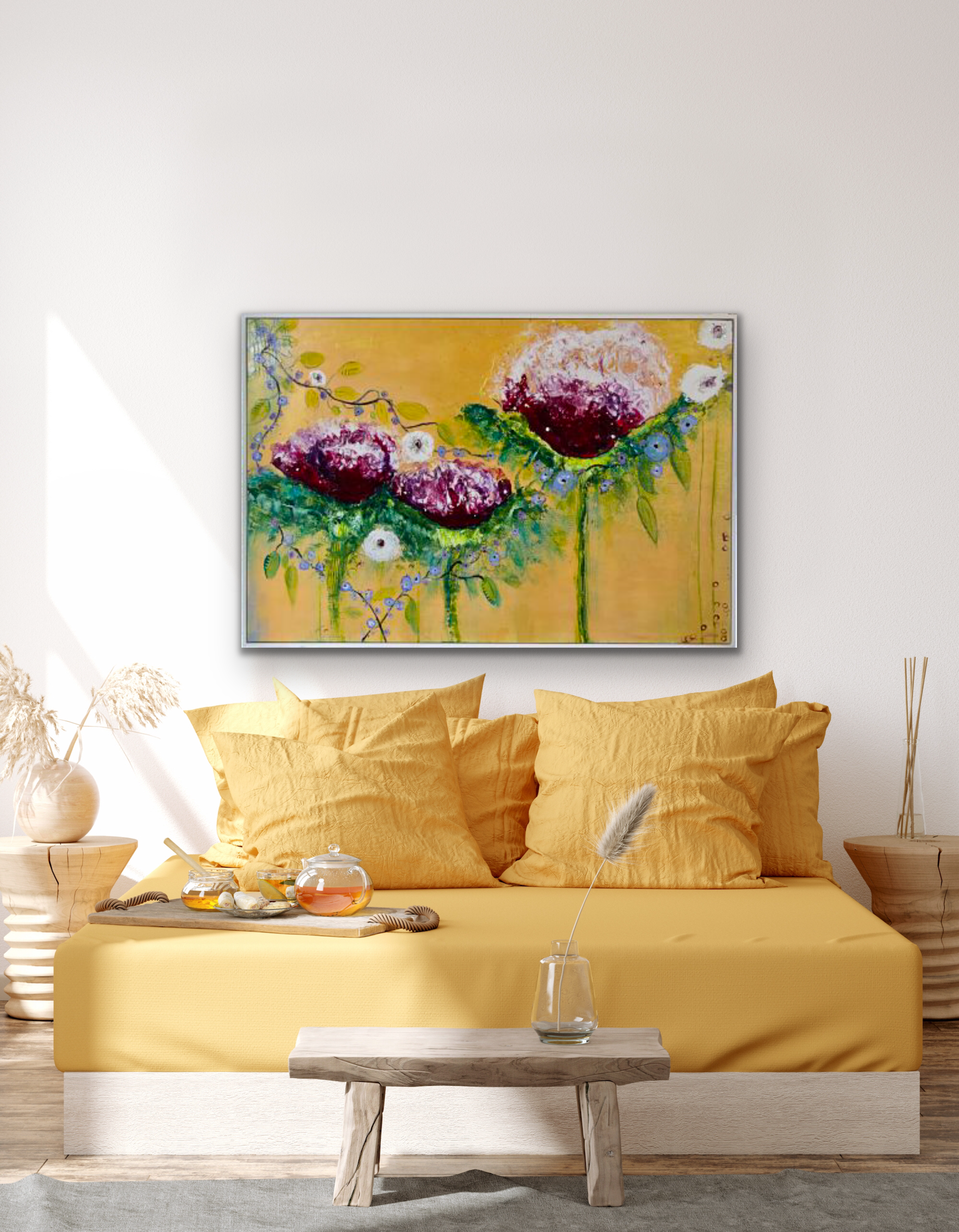 A strong abstract flower original painting for over a sofa or on its own in a dining room or hallway. Large  playful cerise flowers are intertwined with small lavender flowers against a  gold metallic background displayed in a bedroom setting.