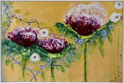 A strong original abstract flower painting for over a sofa or on its own in a dining room or hallway. Large playful cerise flowers are intertwined with small lavender flowers against gold metallic background. High gloss finish. Includes Custom White Floating Frame and pre-mounted wires. Free shipping in N.A. No tax! 