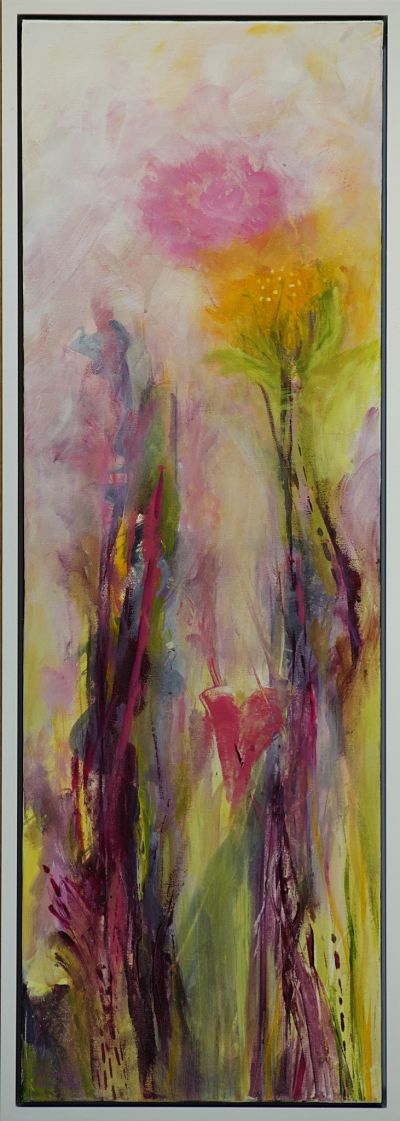 This original mixed media painting reflects the heartbeat of love. Botanicals reaching for the sky! Created for narrow spaces that are looking for a spark of joy. Light gloss finish. Includes Custom White Floating Frame, bumper pads, and pre-mounted wires. Shipping: Free shipping in N.A. No tax!