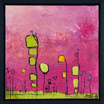 Load image into Gallery viewer, Quirky abstract flowers in vibrant of yellows and greens colours with soft pink background in this original painting. It is joyful and evokes joy in sharing our lives with special people. Groups well with Reaching for You. Includes black floating frame, bumper pads, and pre-mounted wires. Free shipping in N.A.! No tax!
