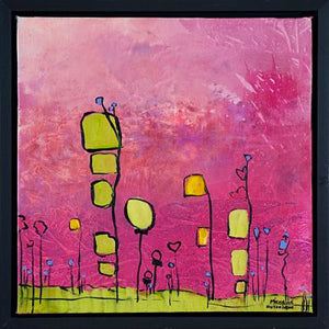 Quirky abstract flowers in vibrant of yellows and greens colours with soft pink background in this original painting. It is joyful and evokes joy in sharing our lives with special people. Groups well with Reaching for You. Includes black floating frame, bumper pads, and pre-mounted wires. Free shipping in N.A.! No tax!