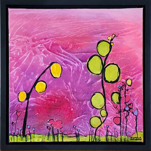 Quirky abstract flowers in vibrant of yellows and greens colours with soft mauve and pink background in this original painting. It is joyful and evokes joy in sharing our lives with special people.  Grouping: Groups well with Reaching for Love. Free shipping in N.A. No tax!