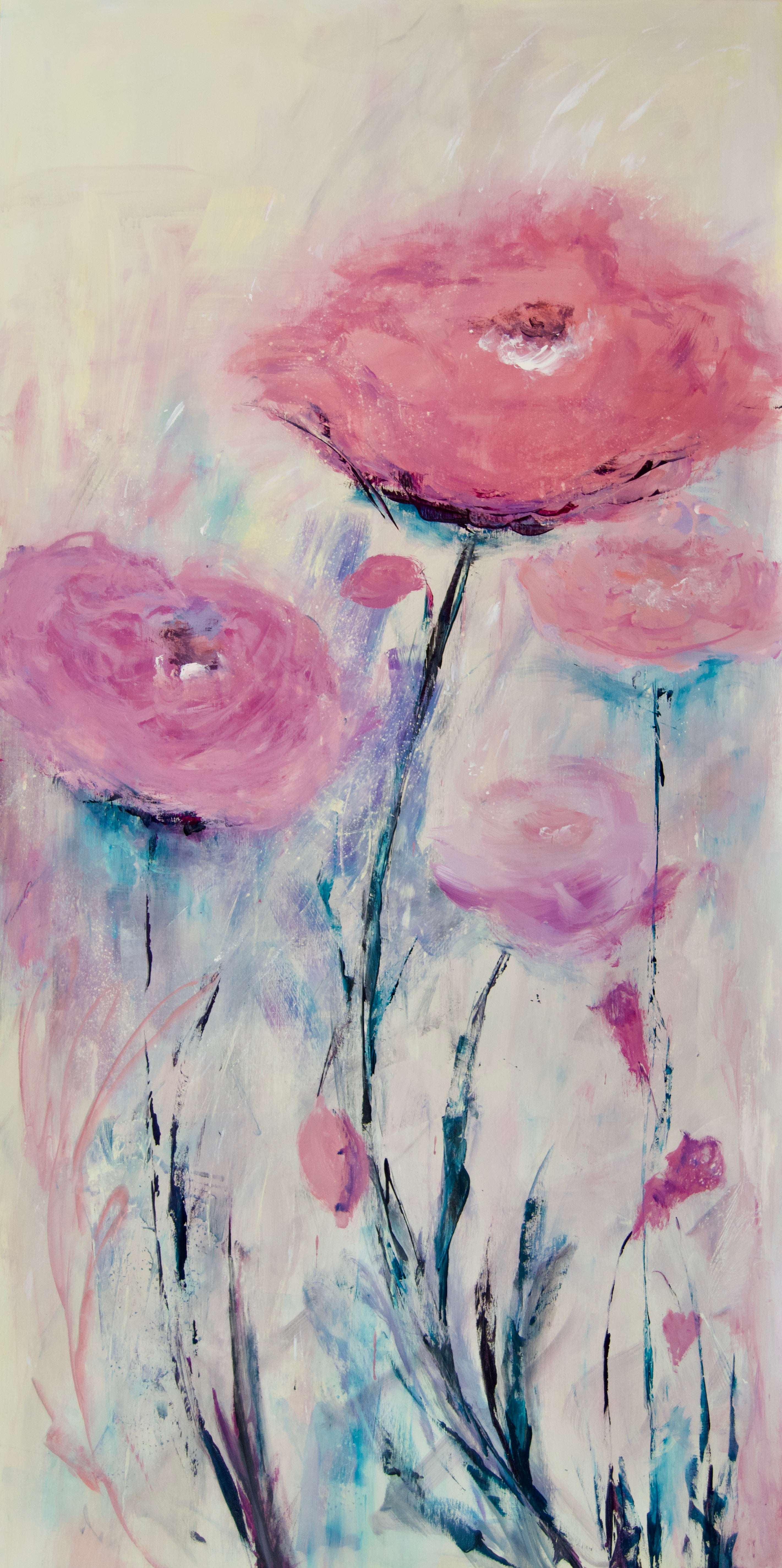 This large original painting of abstract flowers in muted colours of mauves, pinks, and turquoise add a note of sophistication while still being playful. Would be lovely in most principal rooms. IncludesCustom White Floating Frame, bumper pads and pre-mounted wires. Free shipping in N.A. No tax! 