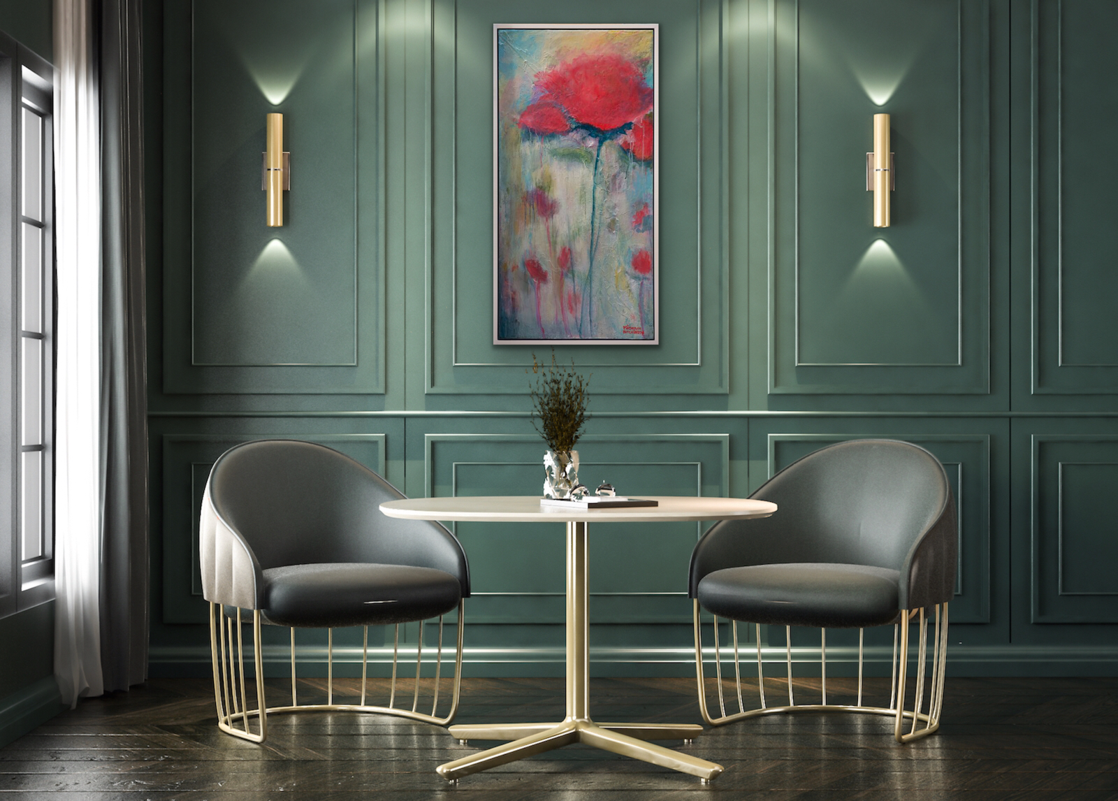 Quiet and tonal, this soft focus original painting speaks of serenity with its muted red and soft blue greens displayed on a muted green wall in a sophisticated breakfast area.