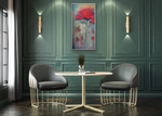 Load image into Gallery viewer, Quiet and tonal, this soft focus original painting speaks of serenity with its muted red and soft blue greens displayed on a muted green wall in a sophisticated breakfast area.
