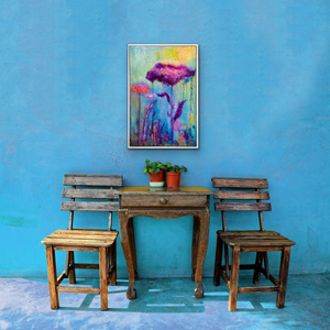 Dazzling jewel tones sparkle this abstract flower artwork with playfulness and laughter in this original large format painting. Richly textured painting features bold blues, purples, greens, and yellows displayed on a blue wall with funky antique furniture.