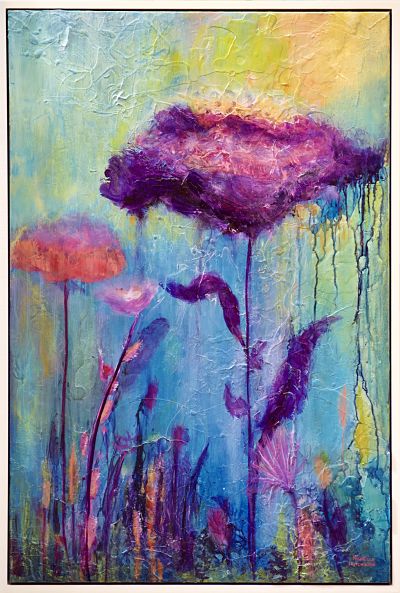 Dazzling jewel tones sparkle this abstract flower artwork with their playfulness and laughter in this original large format painting. Richly textured painting features bold blues, purples, greens, and yellows. Includes Custom White Floating Frame, bumper pads and pre-mounted wires. Free shipping in N.A. No tax!