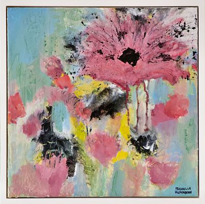 Funky large pink blossom and teal background invites a feeling of joy shared with friends. Includes Custom White Floating Frame, bumper pads, and pre-mounted wires. Fluid acrylics and mixed media on wood panel.  Free shipping in N.A. No tax! 