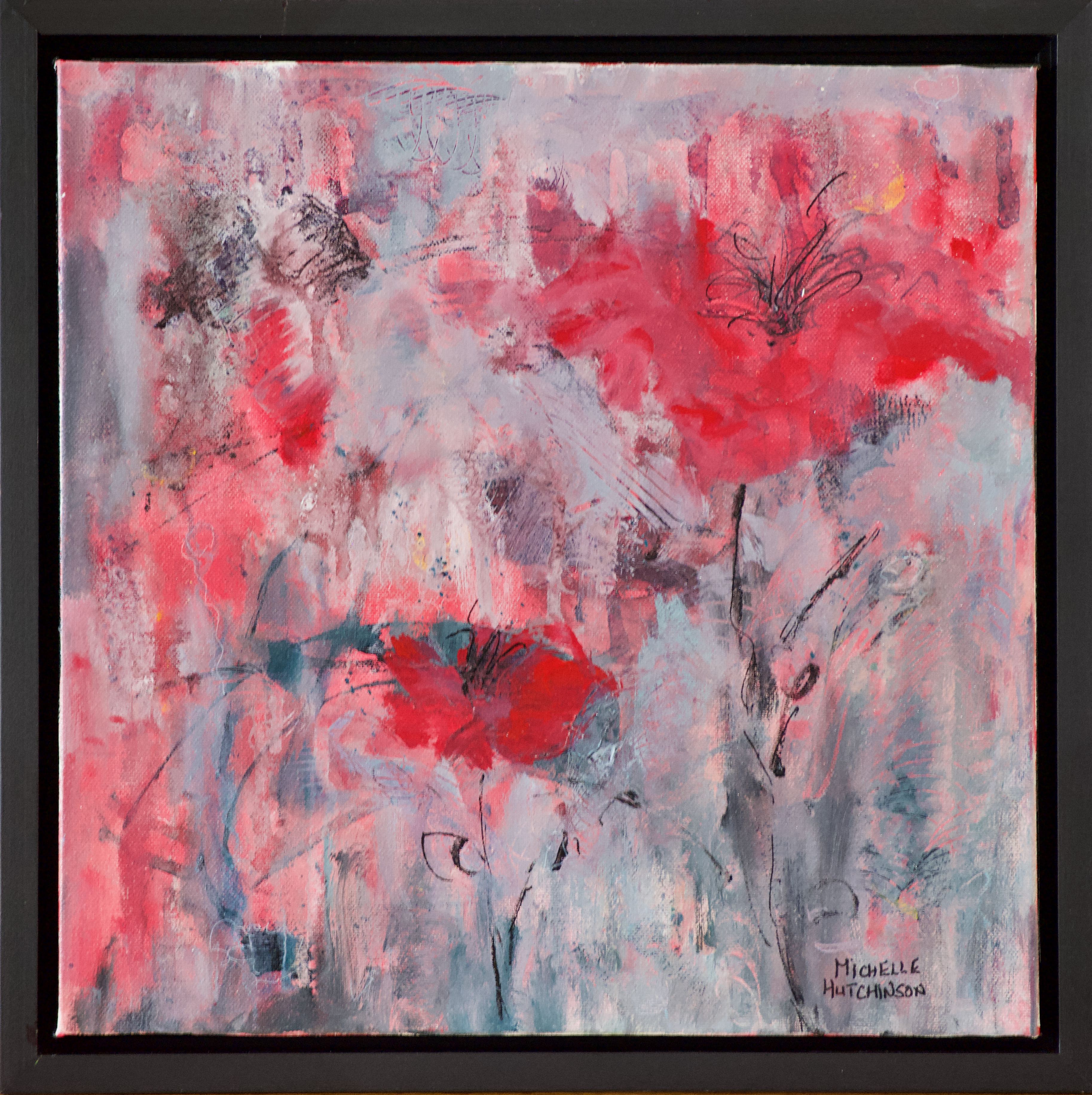 This original painting exudes excitement with its red abstract flowers on a grey and coral background and invites the viewer to be positive no matter the weather. Glossy finish. Includes black floating frame, bumper pads, and pre-mounted wires. Free shipping in N.A. No tax!