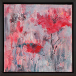 Load image into Gallery viewer, This original painting exudes excitement with its red abstract flowers on a grey and coral background and invites the viewer to be positive no matter the weather. Glossy finish. Includes black floating frame, bumper pads, and pre-mounted wires. Free shipping in N.A. No tax!
