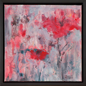 This original painting exudes excitement with its red abstract flowers on a grey and coral background and invites the viewer to be positive no matter the weather. Glossy finish. Includes black floating frame, bumper pads, and pre-mounted wires. Free shipping in N.A. No tax!
