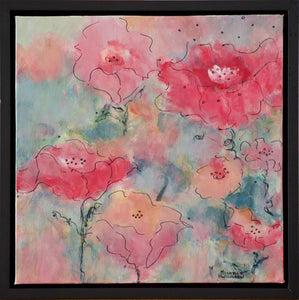 Abstract flowers in reds, pinks, and corals against a background of blue greens is bursting with colourful personality in this original painting! Includes black floating frame, bumper pads, and pre-mounted wires. Free shipping in N.A.! No tax!