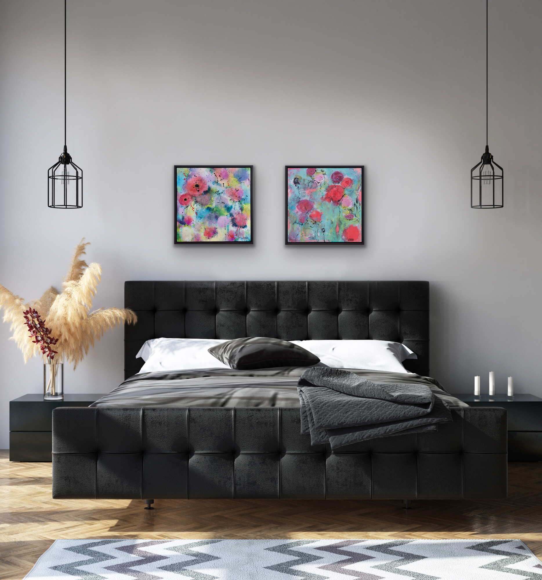 Painting shown above a grey bed. Paired with Melody of Spring