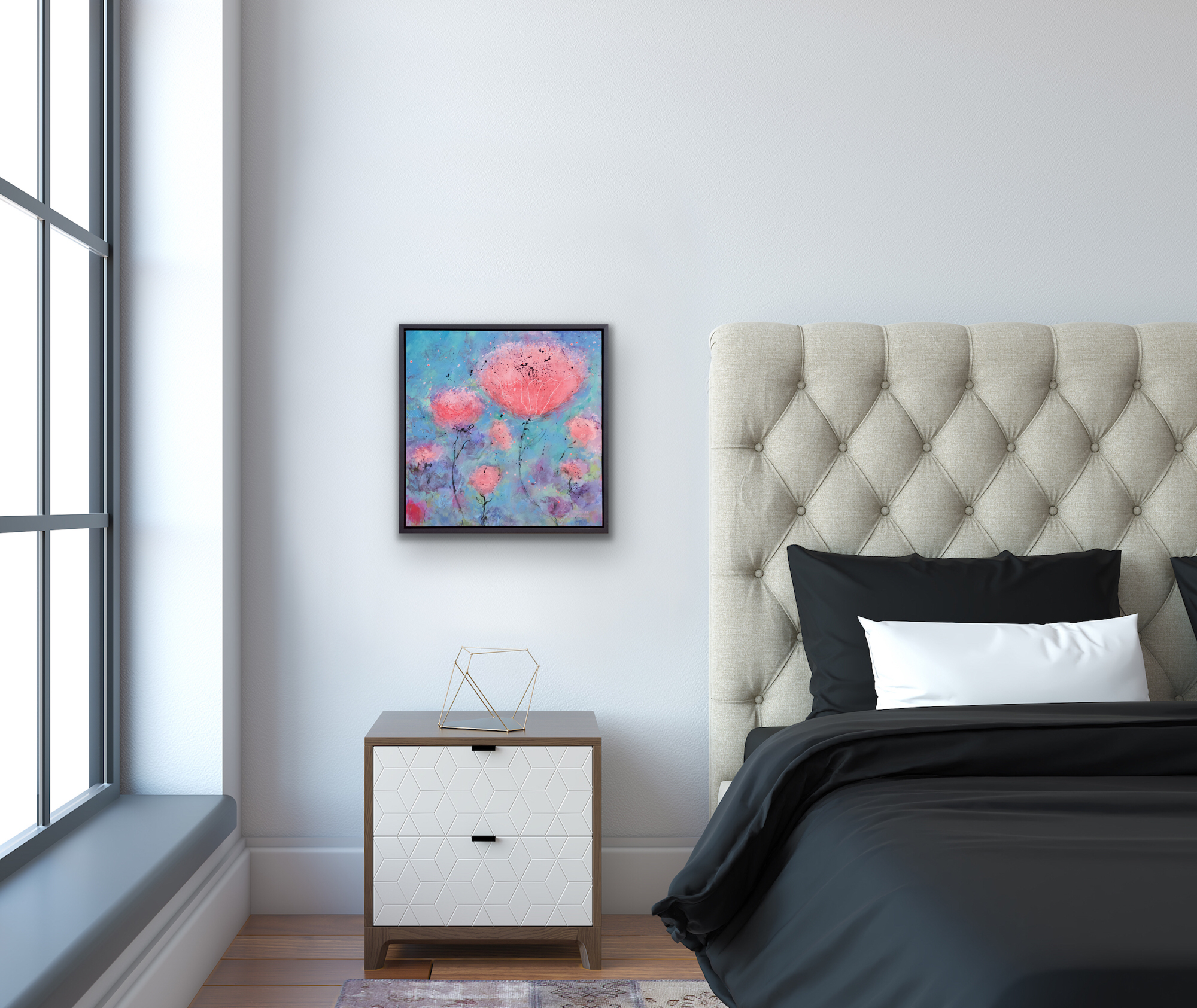 Original painting shown in a bedroom on a dove grey wall