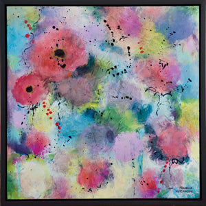 This abstract floral exudes joy! Blue green and lime green background with coral and red blossoms.