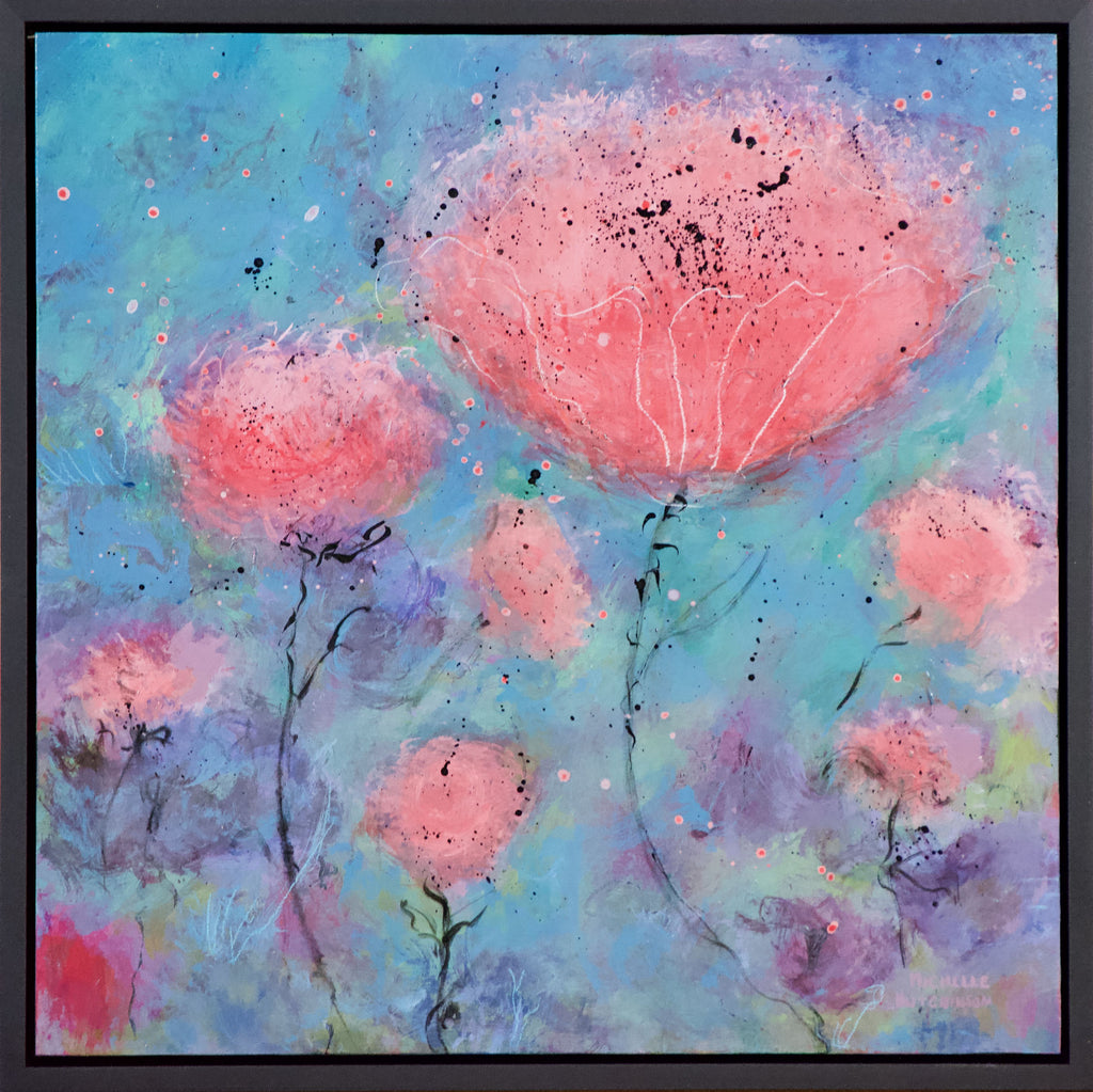 Joyful coral, pink, and purple flowers float upwards into a blue and teal sky.