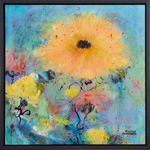 Gorgeous yellow and gold blossom against a blue and green background. This painting is full of expressive mark making. So much fun!