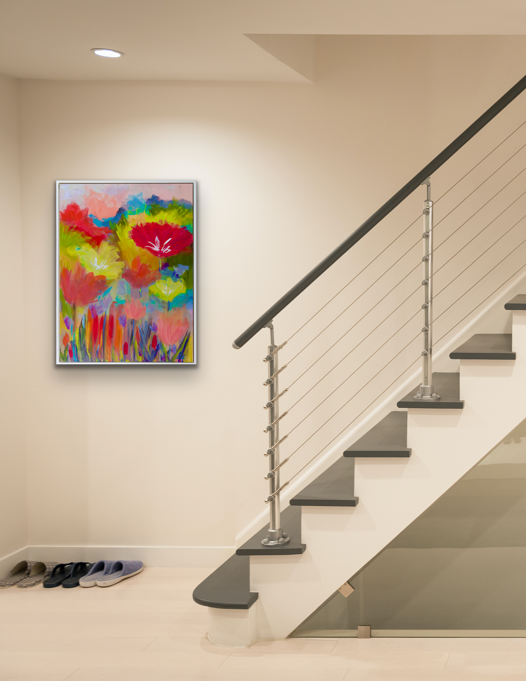Abstract floral shown in a hallway with stairs going up.