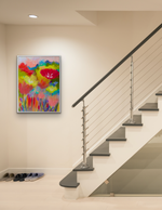 Load image into Gallery viewer, Abstract floral shown in a hallway with stairs going up.
