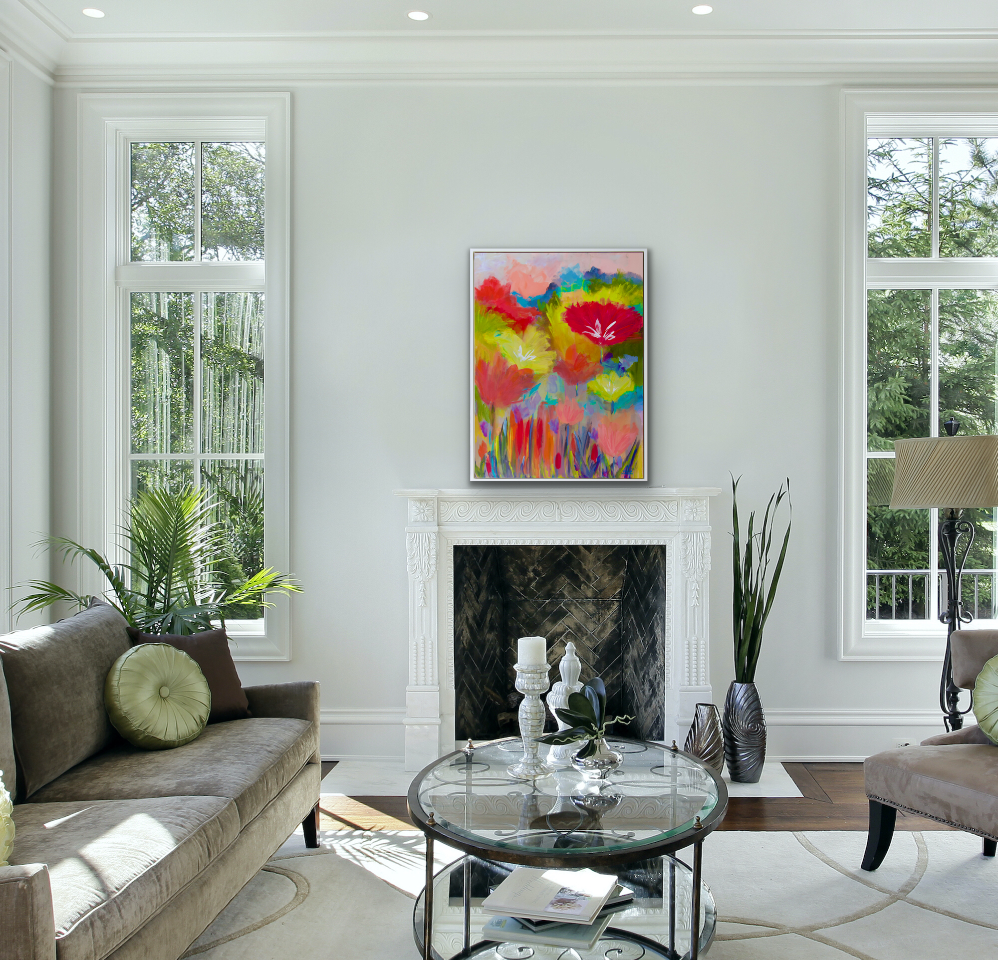 Abstract floral shown above a white fireplace with windows on either side.