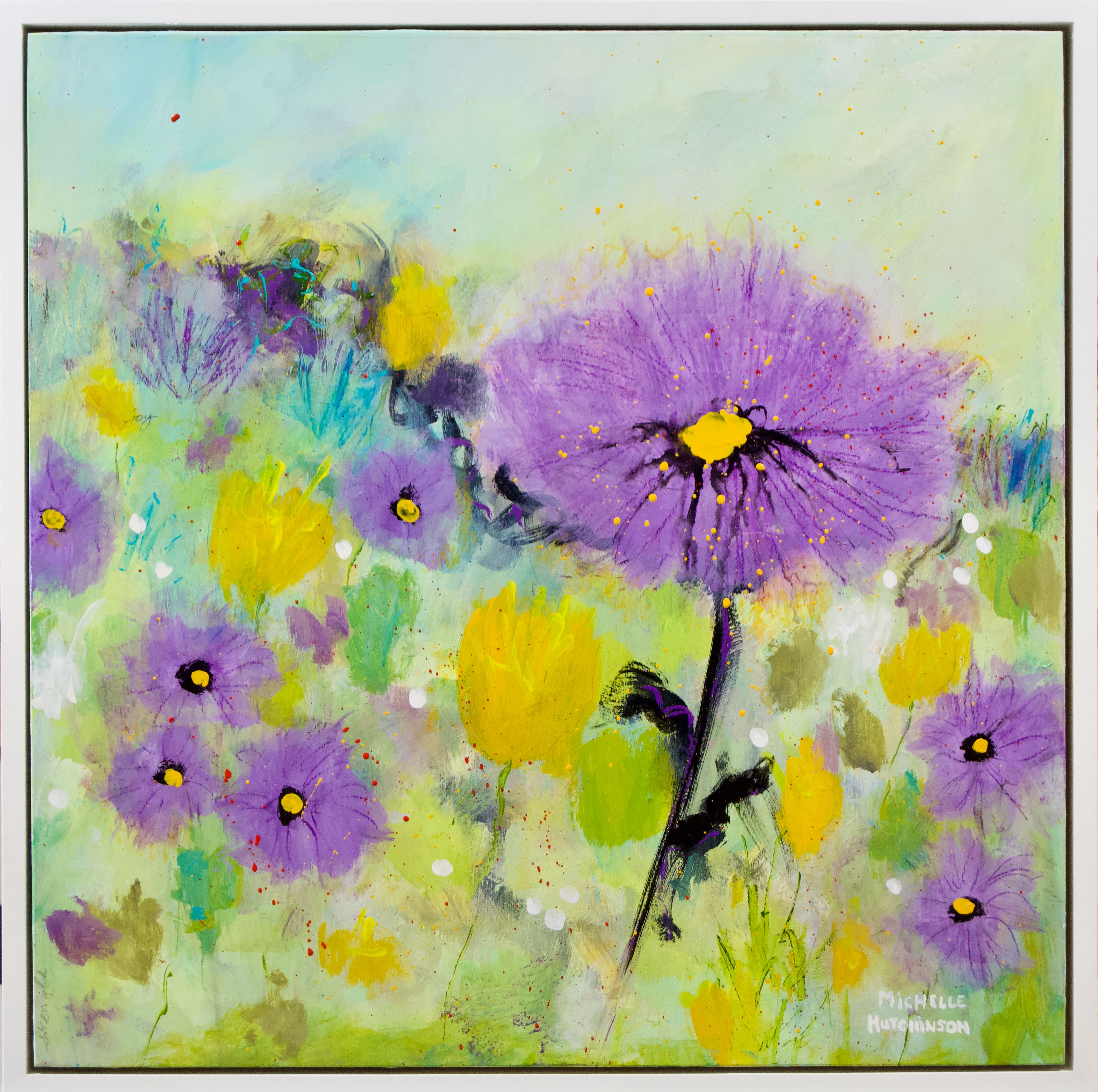Joyful purple flowers floating up into the sky. Sister Painting: LIFT OFF. 