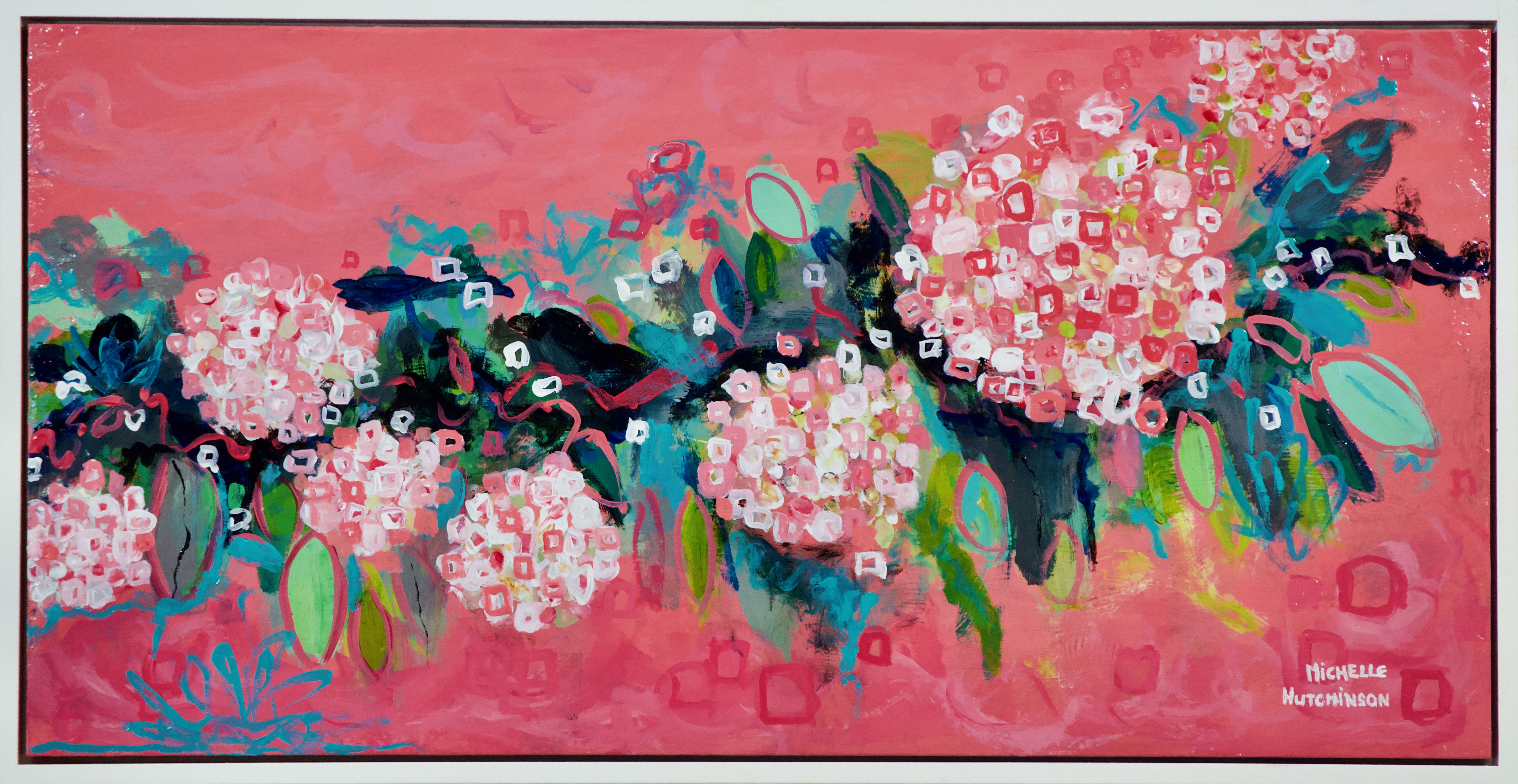 Joyful pink and coral abstracted hydrangea with teal and pistachio green leaves.