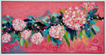Load image into Gallery viewer, Joyful pink and coral abstracted hydrangea with teal and pistachio green leaves.

